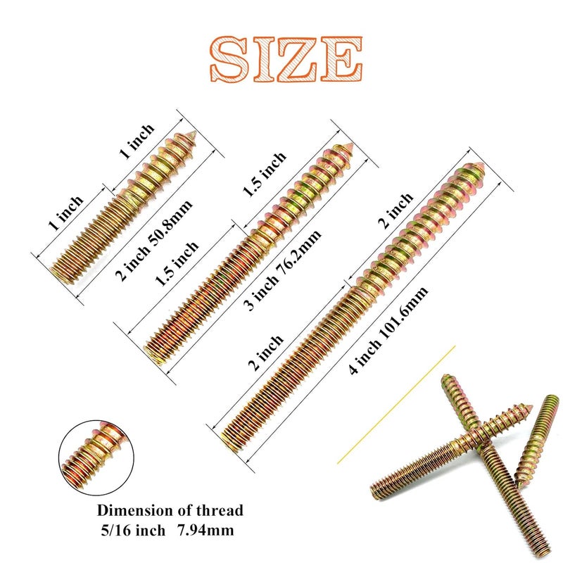 Matrelt 20 Pack 5/16-18" Hanger Bolts 3Sizes 2-4 Inch Double Headed Bolts Wood Dowel Screw Self-Tapping Screw Hanger Bolts for Wood Furniture Double Threaded Rods Bolt - Image 2